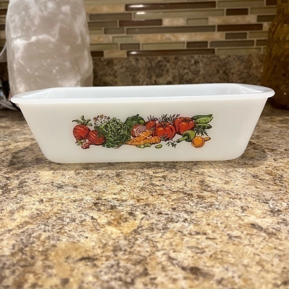 Vintage Glasbake Vegetable Pattern Baking Dish 1 1/2 Qt. J522 USA Loaf Pan
